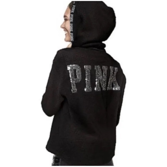 Victoria’s Secret PINK Bling Black Half-Zip Pullover Sherpa Hoodie, Small - Picture 5 of 10